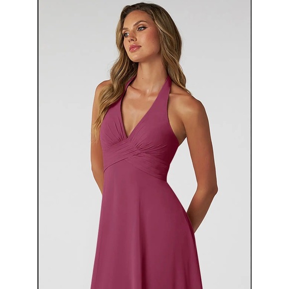 Azazie Tessie Mulberry Chiffon A-Line V-Neck Pleated Halter Gown Dress A16 - Picture 2 of 12